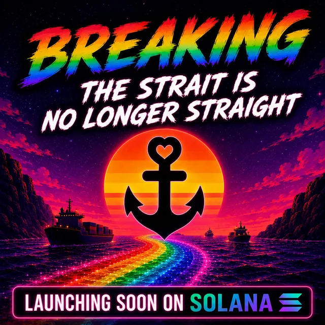 Poster: rainbow brush lettering reads Breaking, the strait is no longer straight, over a synthwave sunset with cargo ships