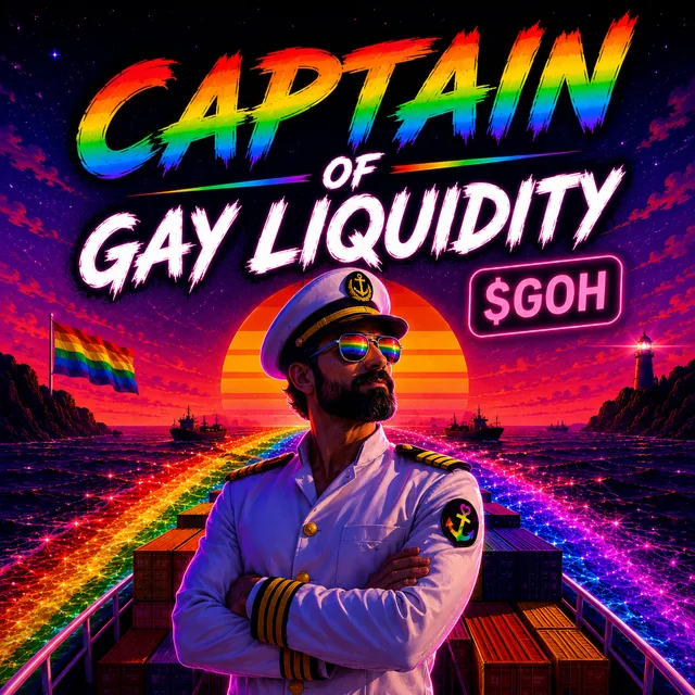 Poster: a bearded ship captain in a white uniform and rainbow sunglasses on a container ship, text reads Captain of gay liquidity