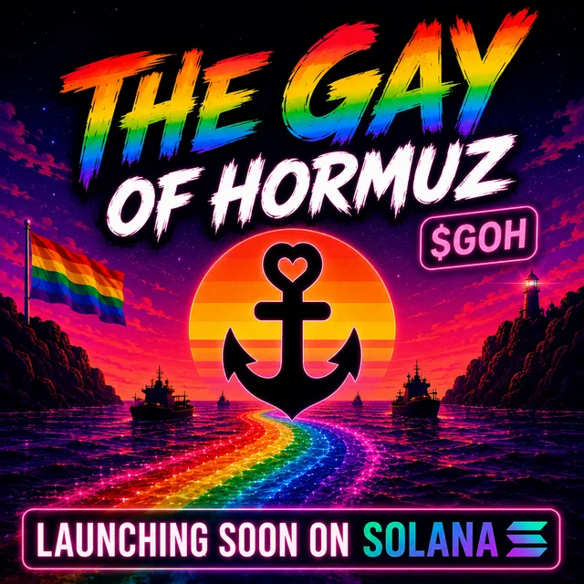 Poster: a black anchor with a heart on top in front of a rainbow sunset, text reads The Gay of Hormuz, launching soon on Solana