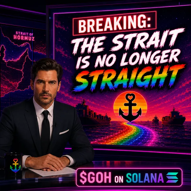A news anchor at a neon desk. The screen behind him reads: Breaking, the strait is no longer straight.