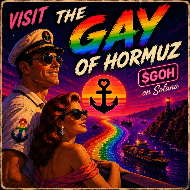 Poster: a retro travel poster with a sailor and a glamorous passenger looking over a rainbow river at sunset, text reads Visit the Gay of Hormuz